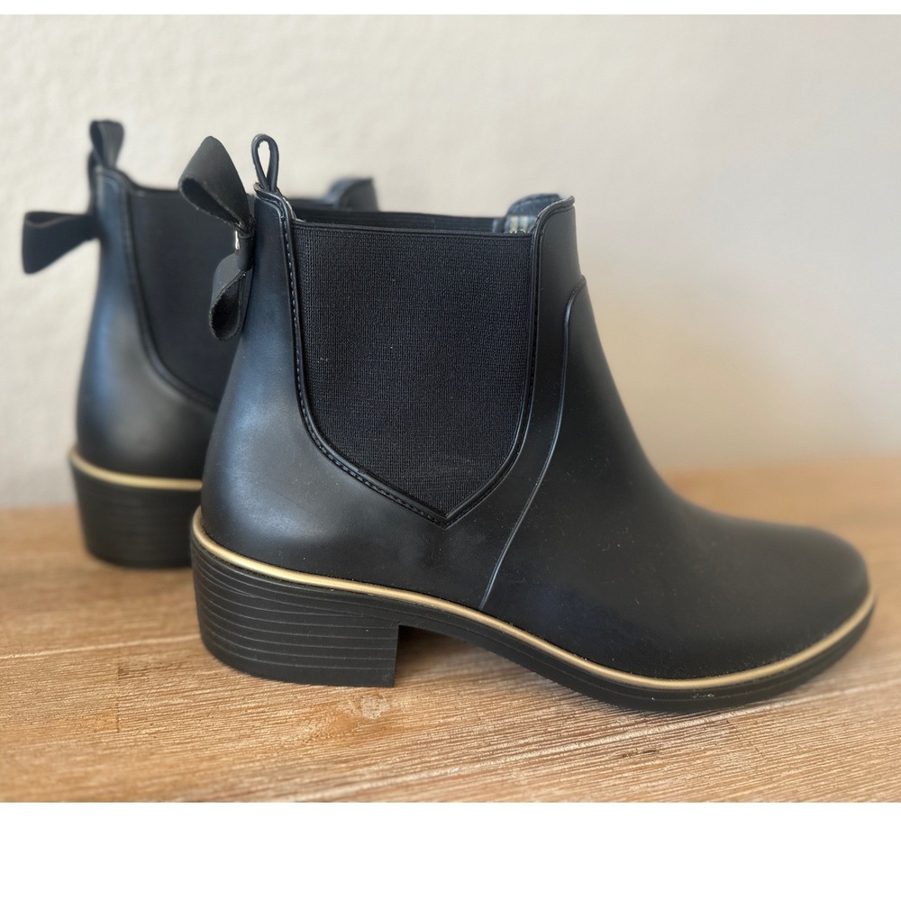 Kate Spade Chelsea Rain Boots Rubber Womens 8 Black Bow Ankle Booties Waterproof